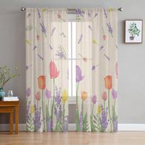 Plant Tulip Lavender Flower Sheer Window Curtains For Living Room Kitchen Children Bedroom Voile Hanging Curtain 135W x 114H(cm) white
