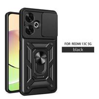 Dėklas Xiaomi Redmi 13C 5G su slankiuoju objektyvo apsauginiu dangteliu, metaliniu žiedu-stovu, šarvuotu galiniu dangteliu For Redmi 13C 5G black