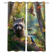 Forest Stream Raccoon Bird Blackout Curtains For Living Room Bedroom Window Treatment Blinds Drapes W135 x H60cm