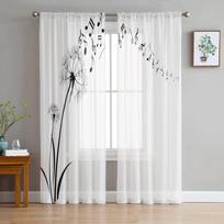 Black Musical Note Dandelion Plant Seed White Black Tulle Sheer Curtains Living Room Bedroom Window Curtain Voile Organza Drapes W135 x H115cm x1&Rod Pocket
