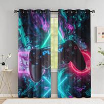 2pcs Lightning Blue Red Gamepad Pattern Curtain For Bedroom Living Room Playroom Window Drapes Wall Decors With Free Accessories W60H60(CM)x2pcs&Grommet Top gray