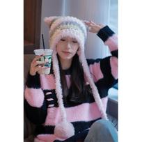 Hand Woven Design Sense, Fashionable Dopamine Hat, Furry Stripe, Sweet And Cute Cat'S Ears (Steamed Cat-Ear Shaped Bread) Hat one size gray