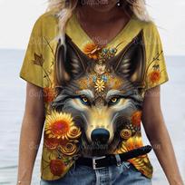 Women's T-Shirt V-Neck Short Sleeve Tee 3D Wolf Print T Shirt for Women Summer Casual Funny Female Clothing Vintage New Pullover S black