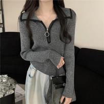 Autumn Slim Fit Long Sleeve Knitted Women's Sweater Winter Fashion Zipper Turn Down Collar Pullovers Women Sweaters Elegant Solid Knit Jumpers 25372 One Size pilka spalva