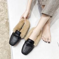 Fashion Real Rabbit Fur Slippers Women Sqaure Cover Toe Mules Low Flats Heels Slides Shoes Furry Pantufa Fluffy Hair Flipflops Ladies 4.5 juoda