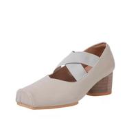 Fashion Mary Jane Shoes Women's Low Heeled Ballet Shoes Outside Cross Square Toe Shallow Cut Retro Flat Sole Single Shoe High Heels 34