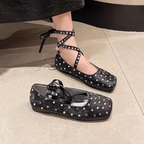 Fashion Ballet Flats Square Toe Rhinestone Crystal Decor Strap Summer Elegant Dress Black White Lace-up 2024 Women Shoes 35 juoda