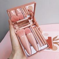 Portable 5-piece Makeup Brush Travel Suit with Mirror Mini Multi-function Powder Brush Foundation Make-up Brush Eye Shadow Brush žalios languotos spalvos