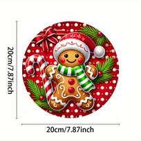 One, gingerbread Man and candy cane themed round aluminum plaque, 7.8x7.8 inches (20x20 cm), interior and exterior decoration juoda