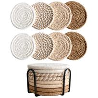 8Pcs Absorbent Coaster For Drinks Stylish Hand-made Round Woven Cup Mats Housewarming Present beige