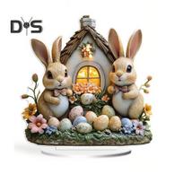 Velykų kiaušinių zuikio ornamentas 2D plokščias akrilo dekoras Animacinio filmo triušio spalvoto kiaušinio ornamentas prie knygų lentynos mantel televizoriaus stovas B beige
