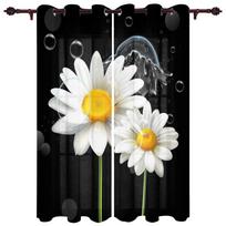 Bedroom Kitchen Curtain White Daisy Flower Waterdrops Window Black Curtains Curtains for Living Room Decorative Items cortinas (W50H130cm)-2pcs&Rod Pocket white