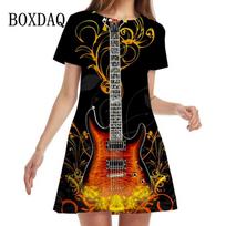 Moteriška suknelė su 3D gitaros raštu Vasaros mada Street Hip Hop Rock muzika A formos suknelė Laisvalaikio trumparankovės Mini suknelės vakarėliui 6XL black