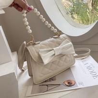 Korean Style Popular Pu Leather Female Crossbody Bag Fashion Textured Cute Bowknot Decorate Beading Chains Women Hand Pack Mini(Max Length<20cm) gray