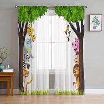 Jungle Forest Cartoon Animal Lion Elephant Sheer Curtains Living Room Decoration Window Curtains Kitchen Tulle Voile Curtains W135 x H115cm x1 black