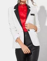 Black & White Classic Button Stylish Party Genuine Lambskin Leather Women Blazer S balta/juoda