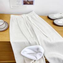 Knitted Women's Pants Casual High Waist Warm Straight Wide-leg Pants Elegant Autumn/Winter Thermal Velvet Thicken Loose Trousers S smėlis