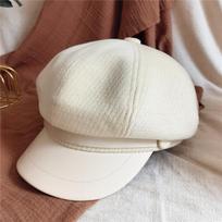 Women's Wool Beret with Leather Brim - Elegant Painter Cap, British Style Cloud Beret for Autumn/Winter, Windproof Warm Knitted Hat one size smėlis