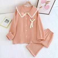 new women's pajama suit 100% cotton crepe sweet lovely long-sleeved trousers two-piece home wear thin sleepwear women M oranžinė
