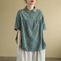 Literary Retro Floral Short-sleeved T-shirt Women's Loose All-match Pullover Top XXL žalia