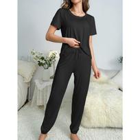 Women's   Pajamas Short Sleeve Trousers Elegant Casual Two-piece Solid Color Home Wear XL juoda