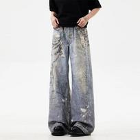 Spring Autumn Retro 3D Chain Printed Baggy Jeans for Men and Women Casual Baggy Straight Denim Pants High Street Wide-leg Y2K Blue Jean XXXL mėlyna