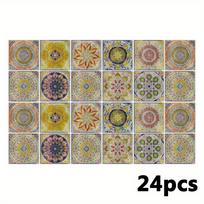 24pcs Moroccan Style Decorative Tile Stickers Self Adhesive Walls Stickers Waterproof Removable Backsplash Tile Stickers for Kitchen Bathroom Stairs 10*10cm