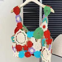 Summer Dopamine Girlish Colorful Flower Hollowed-out Camisole Vest for Women Sweet Knitted Top S red