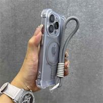 Transparent Magnetic For Magsafe Wireless Charging Wrist Strap Rope Case For iPhone 16 12 13 14 15 Pro Max Plus Shockproof Cover For iPhone 16&Case & Strap pilka spalva