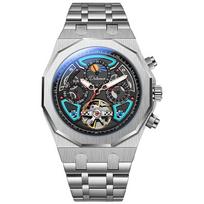 Dulunwe Men Skeleton Tourbillon Automatic Mechanical Watches Multifunction Moon Phase Week Date Display Watch Luminous Sports Wristwatches sidabras/mėlyna