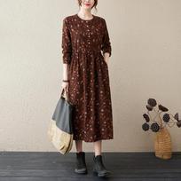 Literary and Artistic Retro Floral Cotton and Linen Long-sleeved Dress Autumn Waist Waist Belt Loose and Thin Large Swing Bottoming Long Skirt Women S kava