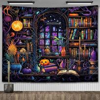 Raganos bibliotekos laiptų gobelenas Magiška knygų lentynos gobelenas Sieninė dekoracija Altoriaus audinys Estetiškas kambario dekoras Knygų lentynų fonai 29x37in 74x94cm blue
