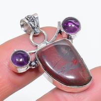 Lake Superior Agate, Amethyst Handmade 925 Sterling Silver Pendant 1.42  y3Q16 gray