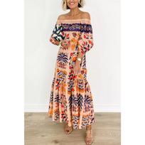 IHUASU Spring Autumn Vintage Print One-shoulder Baggy Pocket Dress for Women S