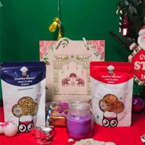Healthy Master Holly Jolly Box of 4 | Premium Christmas Gift Box | Light & Crispy Chips, Millet Balls, Candle, Christmas | Xmas Gift Hamper red