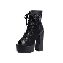 Women's high-heeled cool boots, sexy European and American style waterproof table thick heel splicing large size fish mouth Roman cool boots 35 juoda