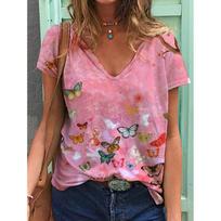 Summer V-neck 3D Butterfly Dragonfly Flower Shark Printed Top Fashionable Casual Short Sleeved Women's T-shirts S
