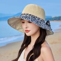Summer New Hat Women's Sunshade Sunscreen Hat Leopard Print Bow Summer Outdoor UV Protection Bucket Hat ONE SIZE brown