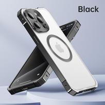 Aliuminio lydinio rėmo telefono dėklas, skirtas iPhone 16 Pro 15 Pro Max, su Magsafe magnetiniu, atspariu smūgiams, skaidriu kietu PC buferiniu dangteliu iPhone 16 juoda