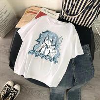 Manga Character Anime Print Harajuku Korean Top Women T-shirt Casual ladies basic O-collar Black White Short Sleeved Unisex Tshirt Girl L