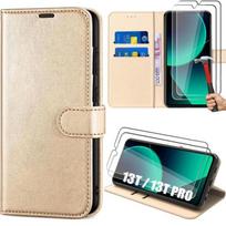 Case for Xiaomi 13T - 13T Pro, Gold Shockproof Leather Effect Wallet Case with Card Holder and Stand + 2 Tempered Glasses