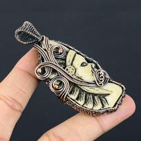 Tribal Bone Face Cameo Handmade Copper Wire Wrap Pendant 3.15  f3v98