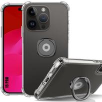 Silicone Case - for iPhone 15 Pro - Transparent - Reinforced Shockproof - Stand on the Back - Black skaidri