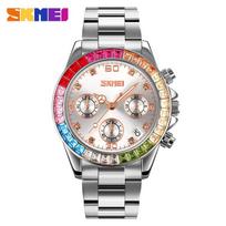 SKMEI Womens Watches Color Rhinestone Luxury Watch For Women Quartz Wristwatches Stainless Steel Strap Business Clock sidabras