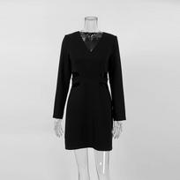V-Neck Solid Color Hollow Out Dress for Women Spring Summer Long Sleeves A-Line Dress Zipper Office Ladies Dresses S juoda
