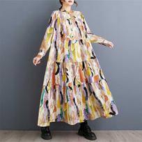 New Women's Big Size A Sub Dress Round Neck Long Sleeve Big Swing Pleated Dress Female 0XL geltona