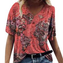 Fashion Spring  Map Print Blouses Short Sleeved V-Neck T Shirts Casual XS raudona