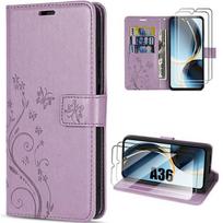 Case for Samsung Galaxy A36 5G - BOOLING - Purple Synthetic Leather Butterfly Plant Pattern - 2 Tempered Glasses violetinė