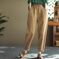 Women's Solid Color Casual Harem Pants - Pure Cotton, Fleece-lined/Unlined, Buttoned Elastic Waist, Slim Fit, Cropped Length 4XL