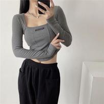 Women's Autumn Square Neck Long Sleeve Top – Trendy & Sexy Streetwear M tamsiai pilka spalva